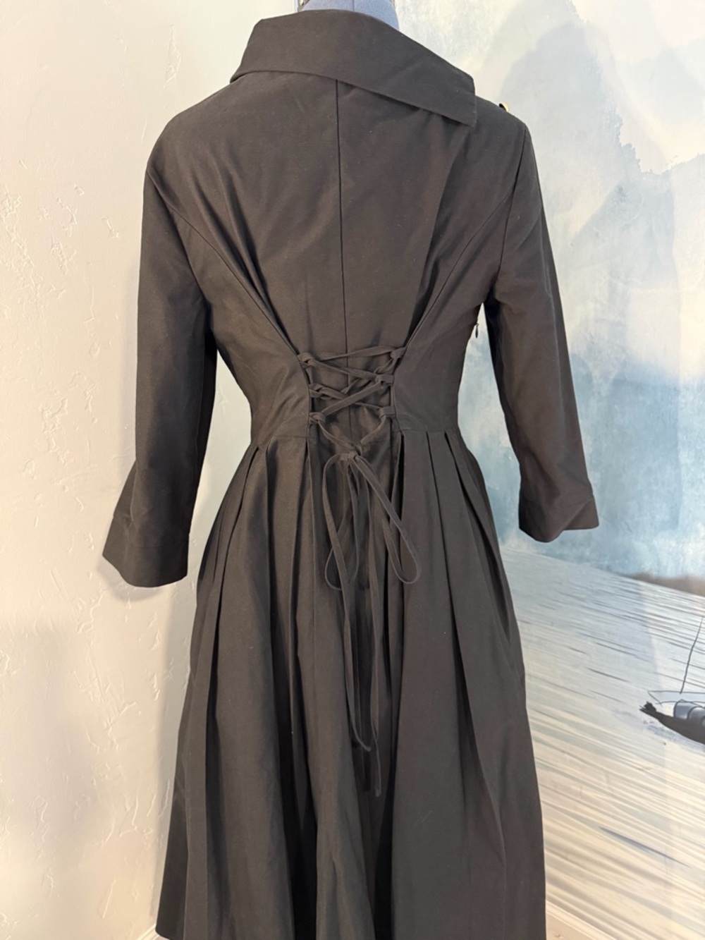 Elegant Black Midi Fit-and-Flare Dress with Buttoned Asymmetrical Neckline #144 - Picture 4 of 9
